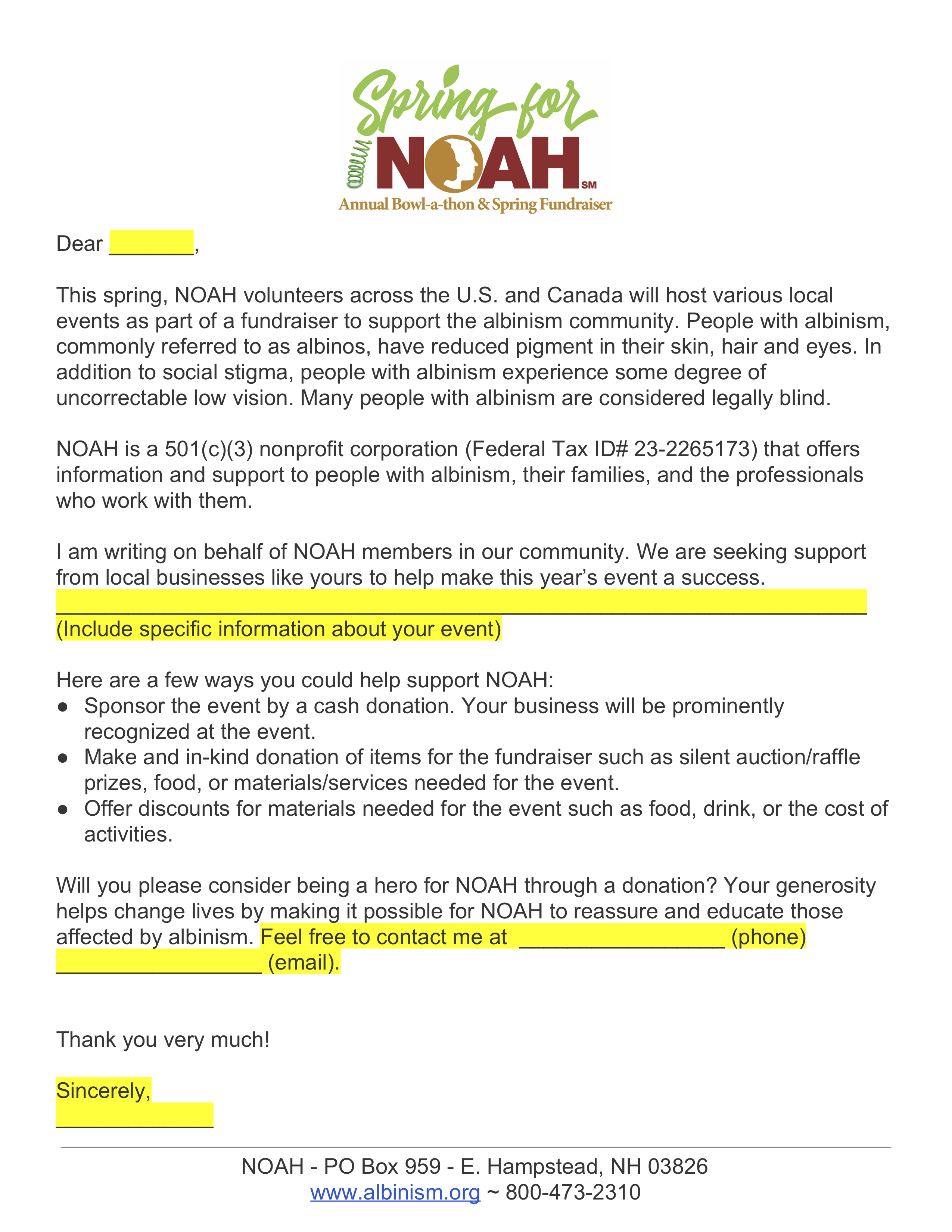 Spring for NOAH Fundraiser Business Solicitation Letter
