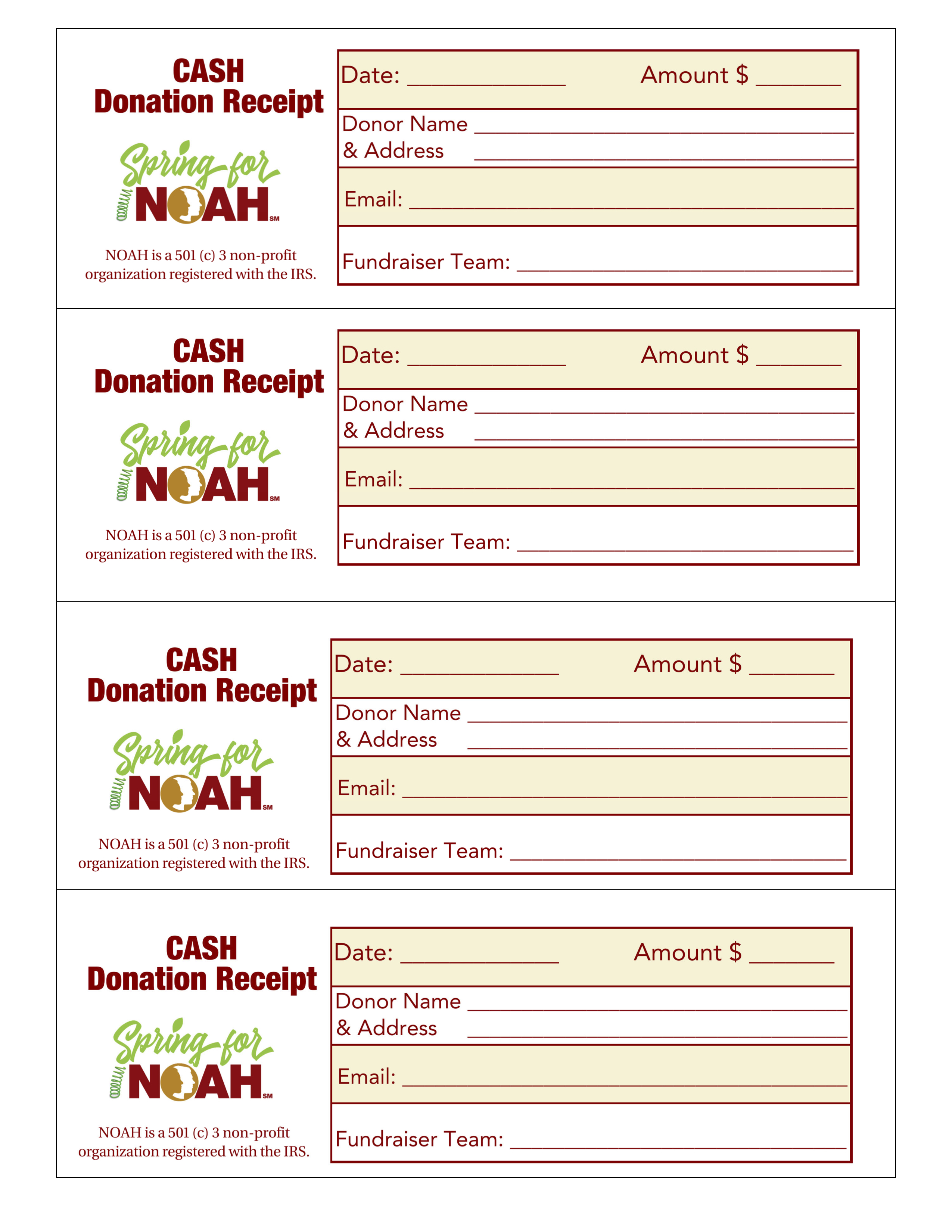 Spring for NOAH Fundraiser Cash Donation Receipt