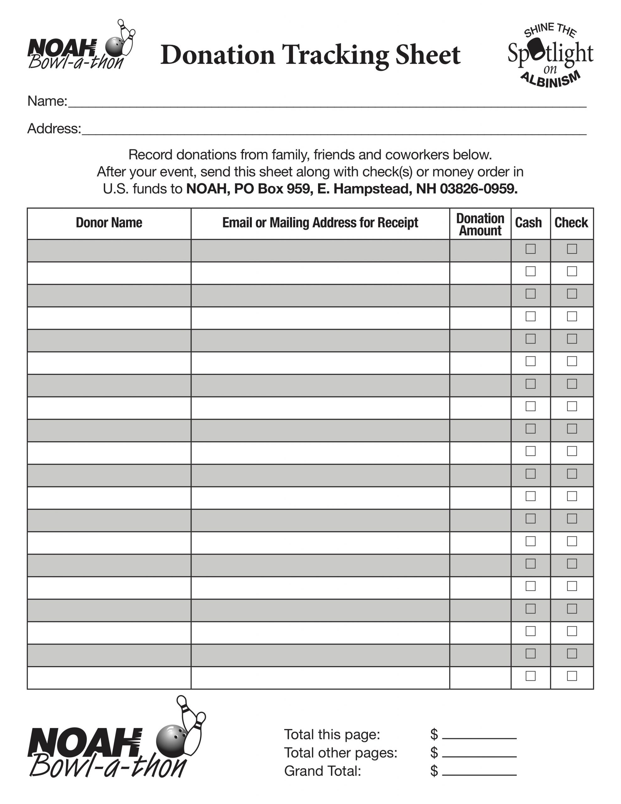 Bowl-a-thon Fundraiser Donation Tracking Sheet