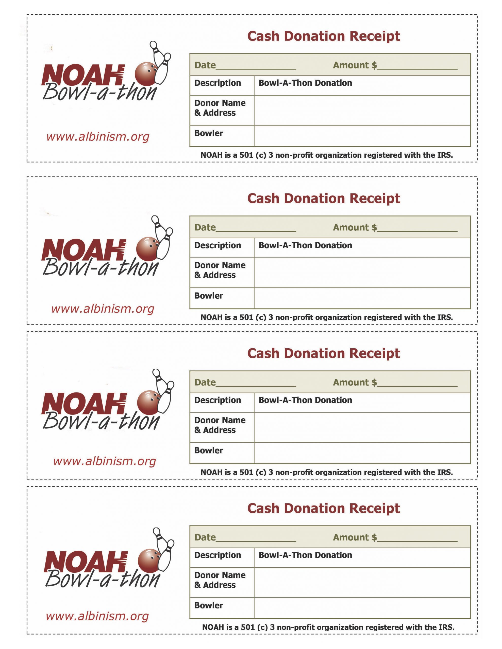 Bowl-a-thon Fundraiser Cash Donation Receipt