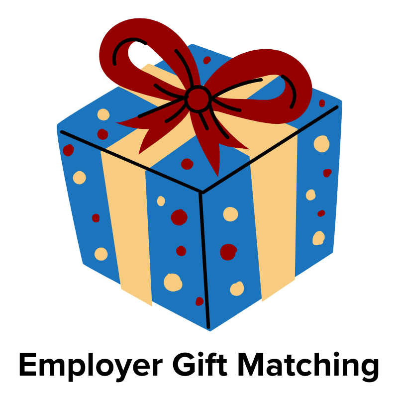Cartoon present with bow on top. Text reads: Employer Gift Matching