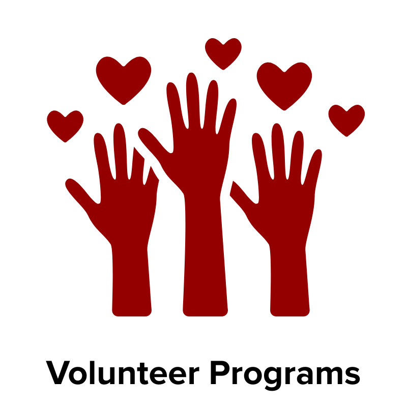 Silhouette of hands reaching up with hearts above. Text reads: Volunteer Programs