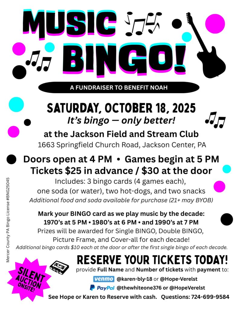 Flyer advertising Music Bingo fundraising event with black text and bright pink and turquoise accents.