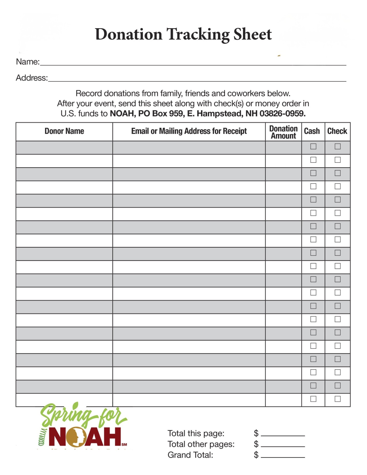 Spring for NOAH Fundraiser Donation Tracking Sheet