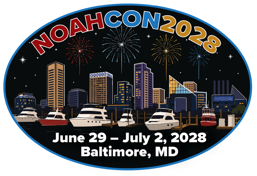 Oval NOAHCon2028 logo featuring fireworks over Baltimore’s waterfront skyline and boats in the harbor. June 29–July 2, 2028, in Baltimore, Maryland.